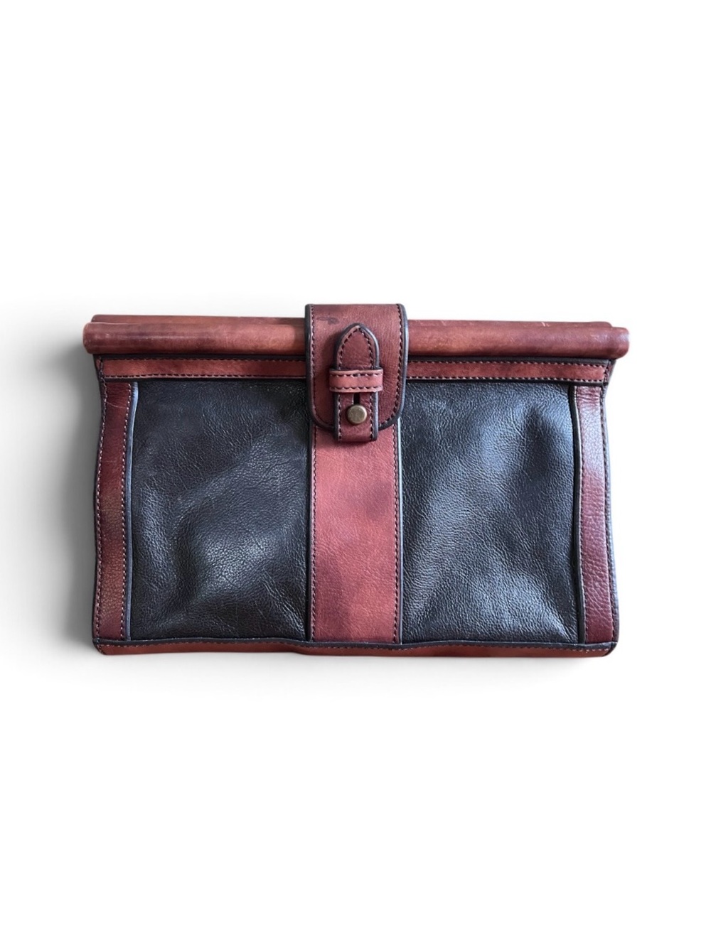 Fossil Vintage Tri-Color Black Brown Leather Frame Bar Clutch Purse